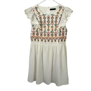 Shein Embroidered Pom Pom Sun Dress Size M Ivory Cotton Boho Aztec Festival Mini